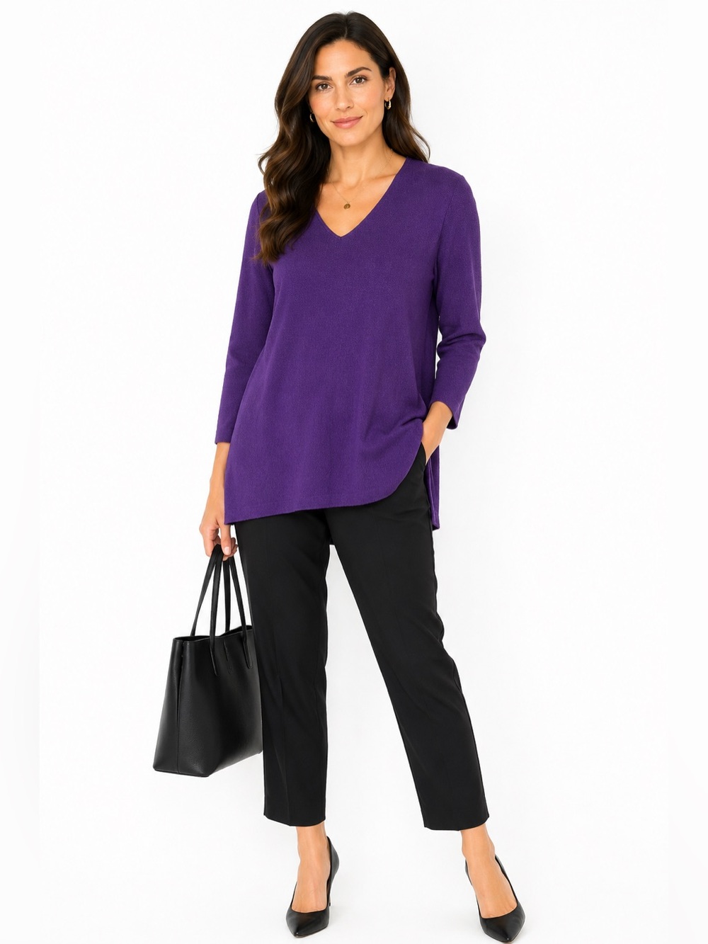 Eileen Fisher Italian Yarn Wool Tunic Sweater Office Career Purple V-Neck M